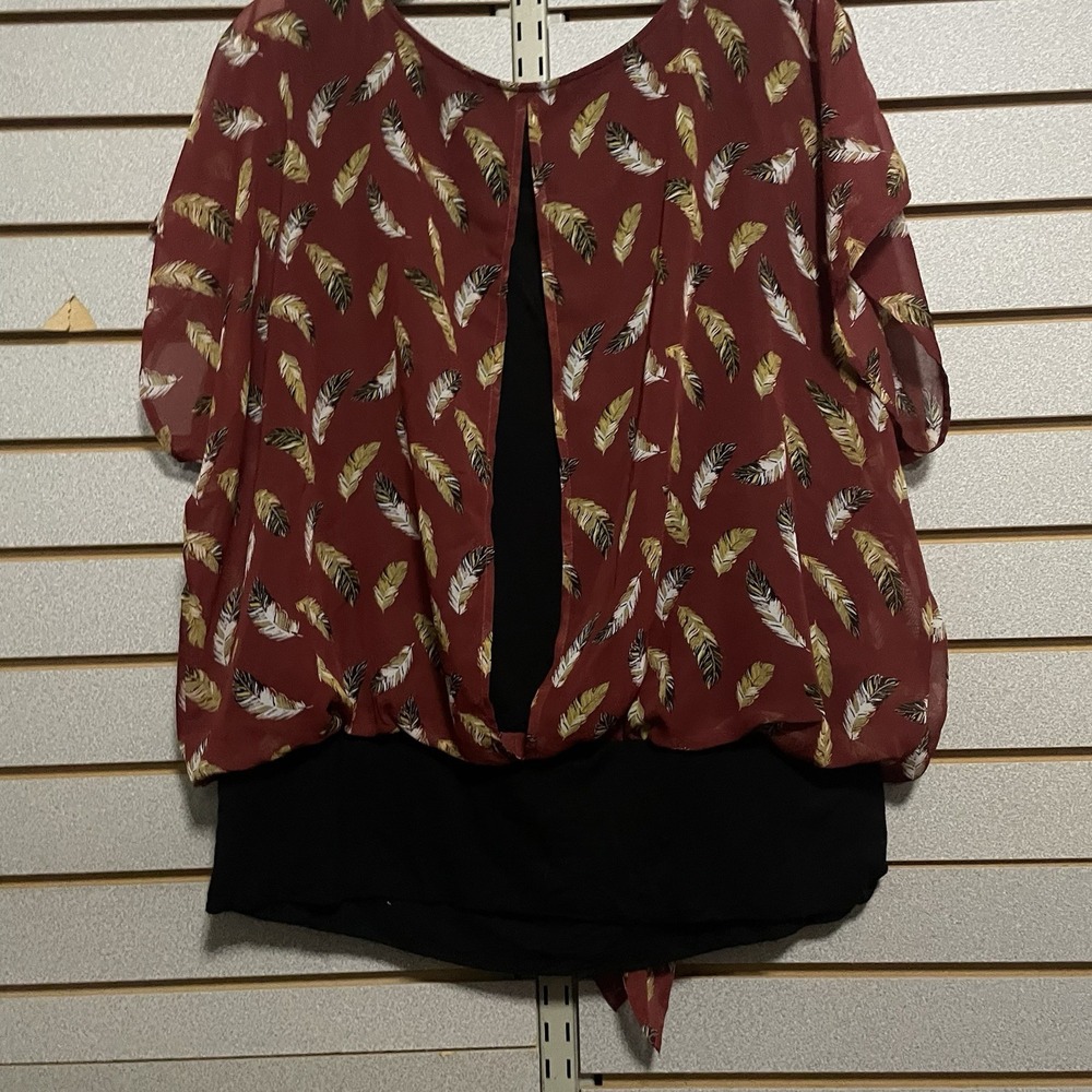 Alyx 0X XL Burnt Red Feathers Short Sleeve Top Shirt Blouse LN Stretch